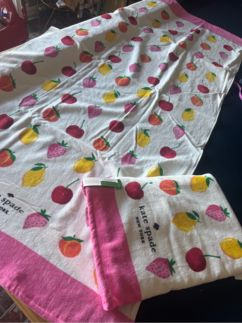 2 kate spade♠️ 72x36 summer fruit beach towels with pink trim! Super soft⛱️☀️💦